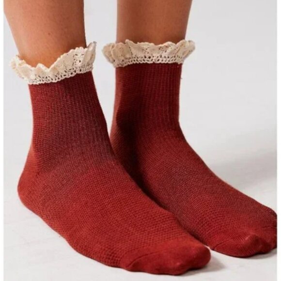 Free People Waffle Knit Ankle Sock Ruffle Cedar NEW - Picture 7 of 11